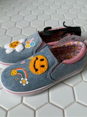 Kids Denim Slip-On Sneakers with Smiley & Rainbow Patches - Pink Trim